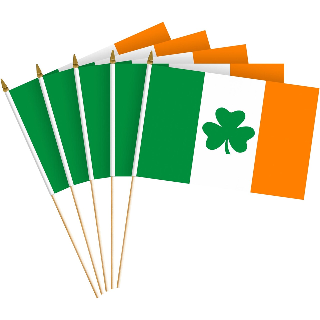 G128 24 Pack Handheld Ireland Shamrock Irish Stick Flags | 8x12 In | Printed 150D Polyester, Country Flag, Solid Wooden Stick, Spear Gold Tip